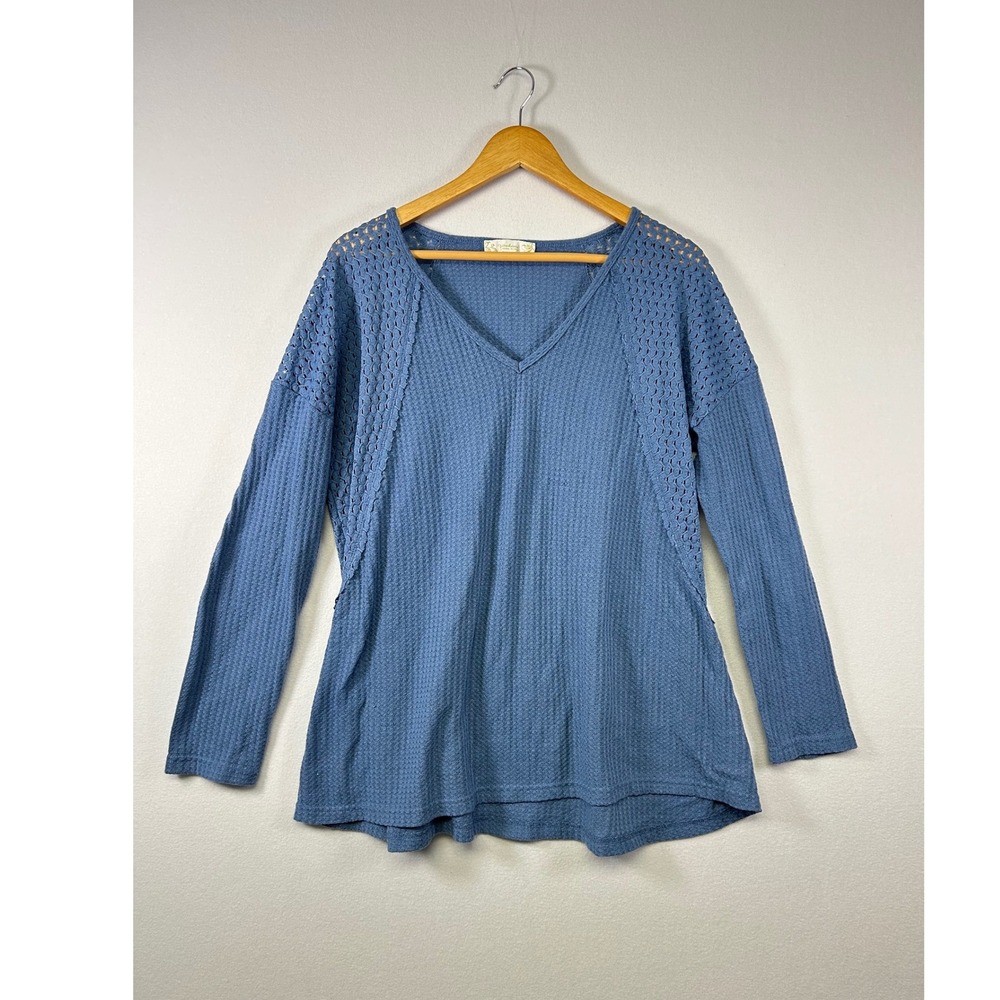 Suzanne Betro Weekend Top Womens 1X Blue Waffle Knit Crochet V-Neck Long Sleeve